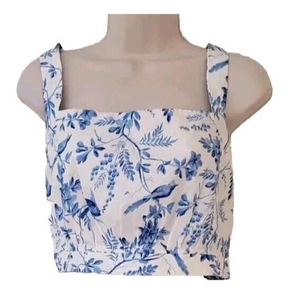 AQUA CLOTHING PRINTED BLUE BACK BUTTON TIE CROPPED TANK TOP SZ LARGE